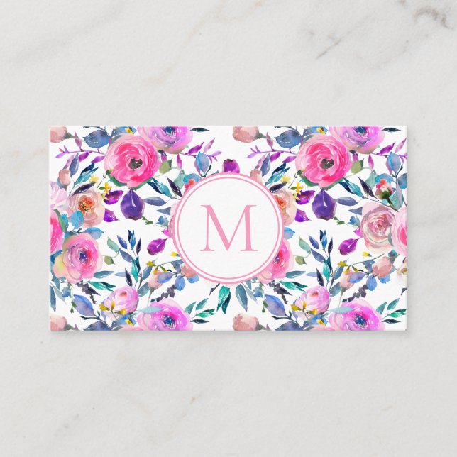 Rosa Monogram Watercolor Flowers Visitkort (Framsida)