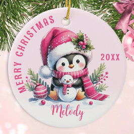 Rosa Monogrammed God jul Cute Penguin Julgransprydnad Keramik