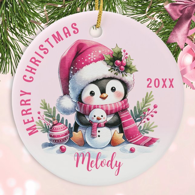 Rosa Monogrammed God jul Cute Penguin Julgransprydnad Keramik (Skapare uppladdad)