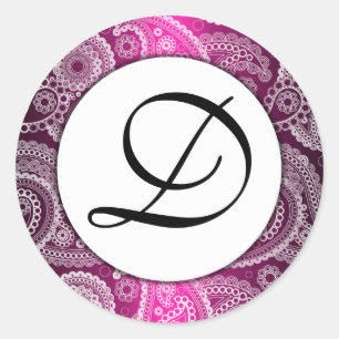 Rosa Monogrammed White Snöre Paisley Stickers Runt Klistermärke