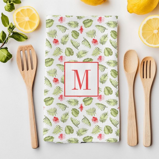 Rosa monogrammerat mönster med tropiska palmlöv kökshandduk (Pink Monogrammed Tropical Palm Leaves Pattern Kitchen Towel)