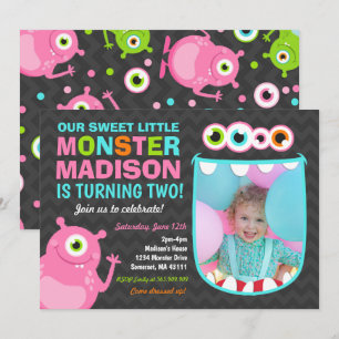 Rosa Monster Birthday-inbjudan till Monster Party Inbjudningar