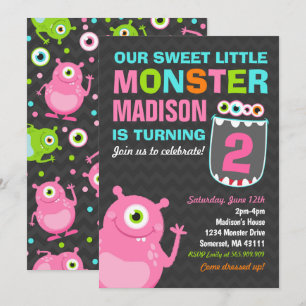 Rosa Monster Birthday-inbjudan till Monster Party Inbjudningar