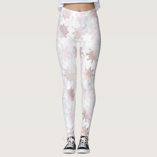 Rosa mönster för guld- & marmorSnowflakejul Leggings (Framsida)