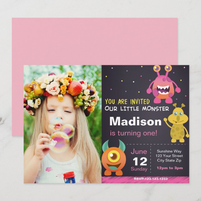 Rosa monster inbjudan med foto (Fram/baksida)