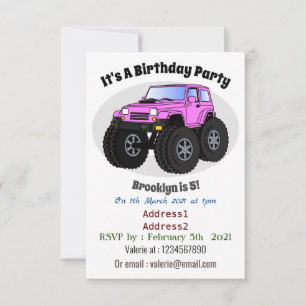 Rosa monster lastbil tecknad illustration inbjudningar