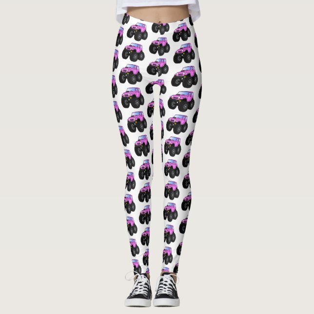 Rosa monster lastbil tecknad illustration leggings (Framsida)