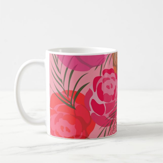 Rosa mönster med blommor och växter kaffemugg (Vänster)