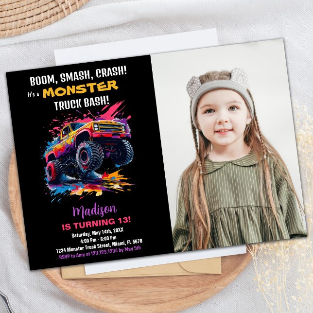 Rosa monster truck födelsedagsinbjudningar foto inbjudningar (Pink Monster Truck Birthday Invitations Photo)