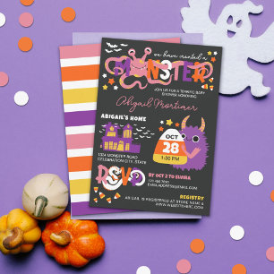 Rosa Monster Typography Halloween Baby Shower Inbjudningar