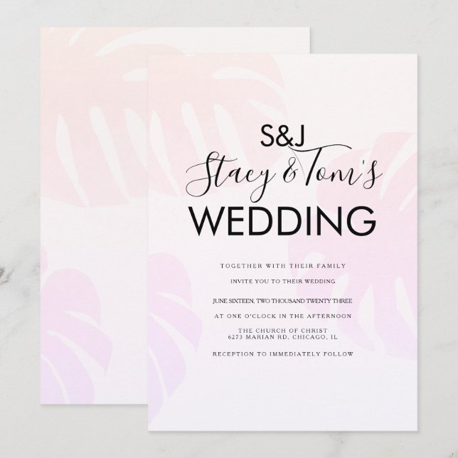 Rosa Monstera Hand plockade Botaniska Bröllop Inbjudningar (Fram/baksida)