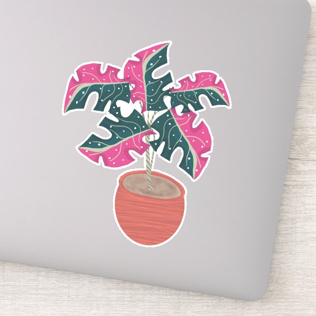 Rosa Monstera Plant Hand plockade Klistermärken (Detalj)