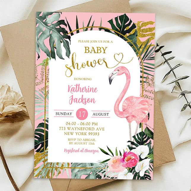 Rosa Monstera Tropisk Flamingo Baby Shower Inbjudningar (Skapare uppladdad)
