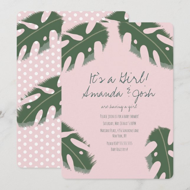 Rosa Monstera Tropiska Flickor Grönska Barnkalas Inbjudningar (Fram/baksida)