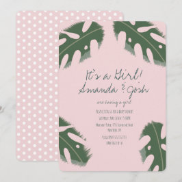 Rosa Monstera Tropiska Prickar Flickor Baby Shower Inbjudningar