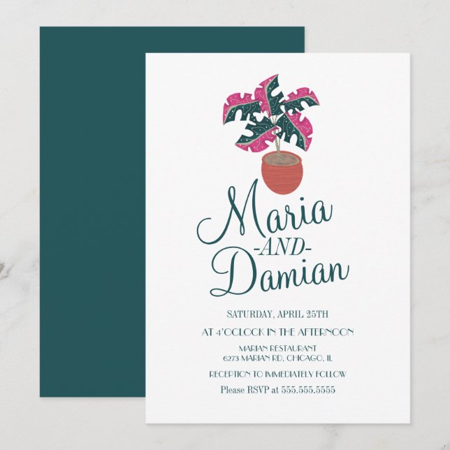 Rosa Monstera Växt Grönska Illustration Bröllop Inbjudningar (Fram/baksida)