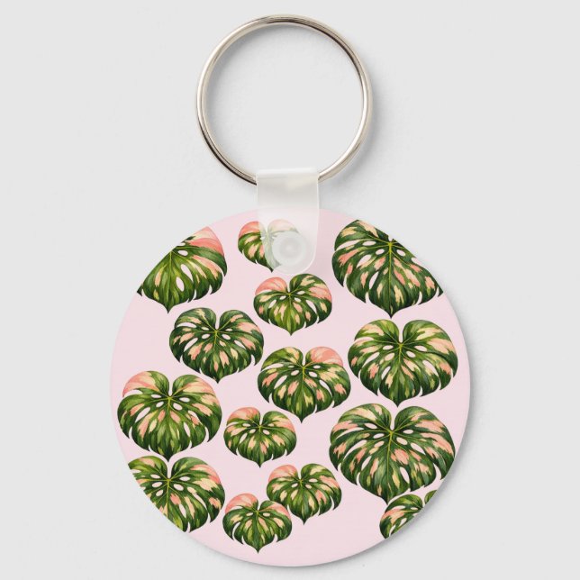 Rosa Monstera-växt handväskor kul botanisk Nyckelring (Framsida)