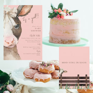 Rosa Moo-ving in Soon Cow with Bow Baby Shower Inbjudningar