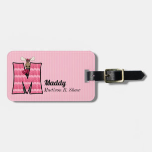 Rosa Moose med Brev M Sticka Print for Girls Bagagebricka