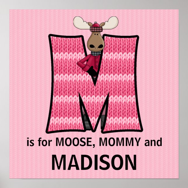 Rosa Moose Monogram Brev M Baby Room Poster (Framsidan)