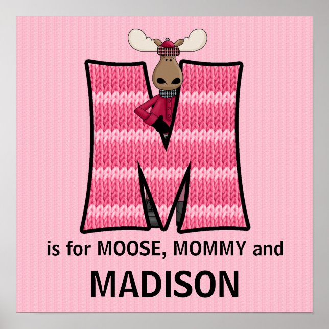 Rosa Moose Monogram Brev M Baby Room Poster (Framsidan)