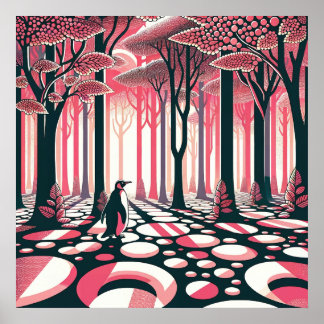 Rosa Mörk Penguin Geometric Nostalgia Forest Träd Poster
