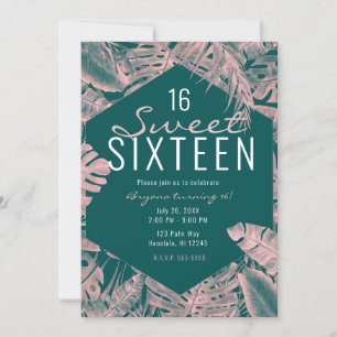 Rosa & Mörk Turkos Tropiska Palmblad Sweet 16 Inbjudningar