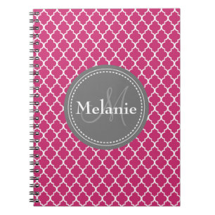 Rosa Moroccan Tile Mönster Grått Monogram Anteckningsbok