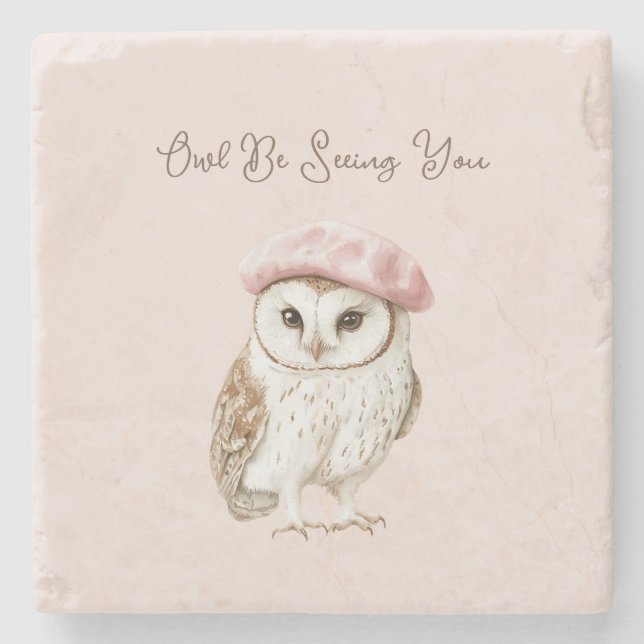 Rosa mössa Brun Vit Uggla Vi ses Stenunderlägg (Framsidan)