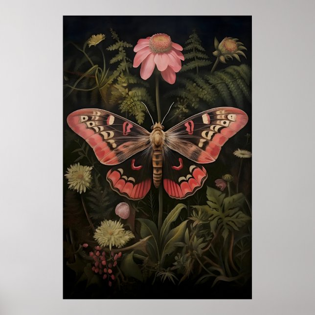 Rosa Moth Botaniskt Tryck, Fjäril Mörk Akademi Poster (Framsidan)