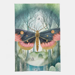 Rosa Moth Forest Night Kökshandduk