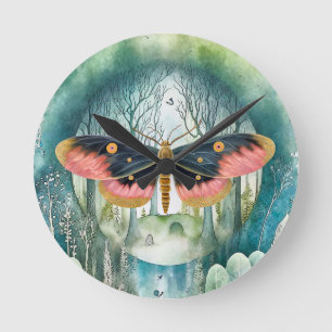 Rosa Moth Forest Night Rund Klocka