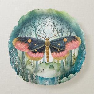 Rosa Moth Forest Night Rund Kudde