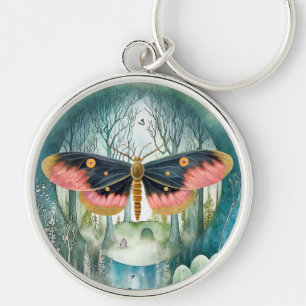 Rosa Moth Forest Night Rund Silverfärgad Nyckelring