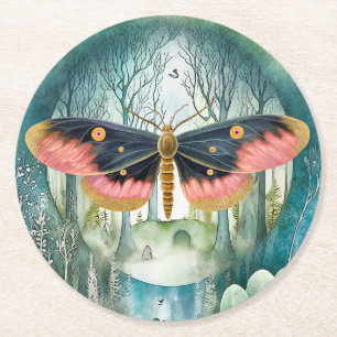 Rosa Moth Forest Night Underlägg Papper Rund