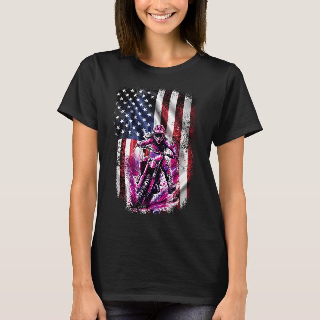 Rosa Motocross Girl American Patriotic Flagga T Shirt (Framsida)