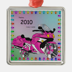 Rosa motorcykel i målat glass julgransprydnad metall