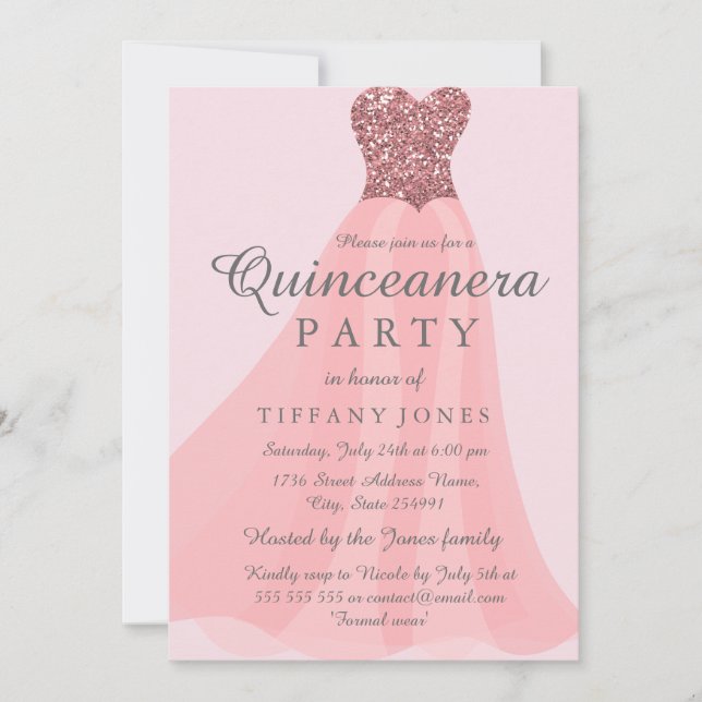 Rosa Moukling Glitter Gown Quinceanera Party Inbjudningar (Framsida)