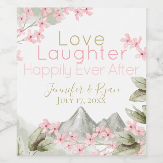 Rosa Mountain Blommars Blommigt Vattenfärg Vinflaska Etikett (Singel etikett)