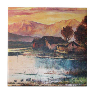 ROSA MOUNTAINS SJÖ ALPINE SUNSET LANDSCAPE KAKELPLATTA