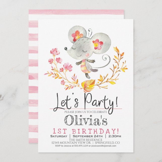 Rosa Mouse Girl Födelsedagsfest inbjudan (Fram/baksida)