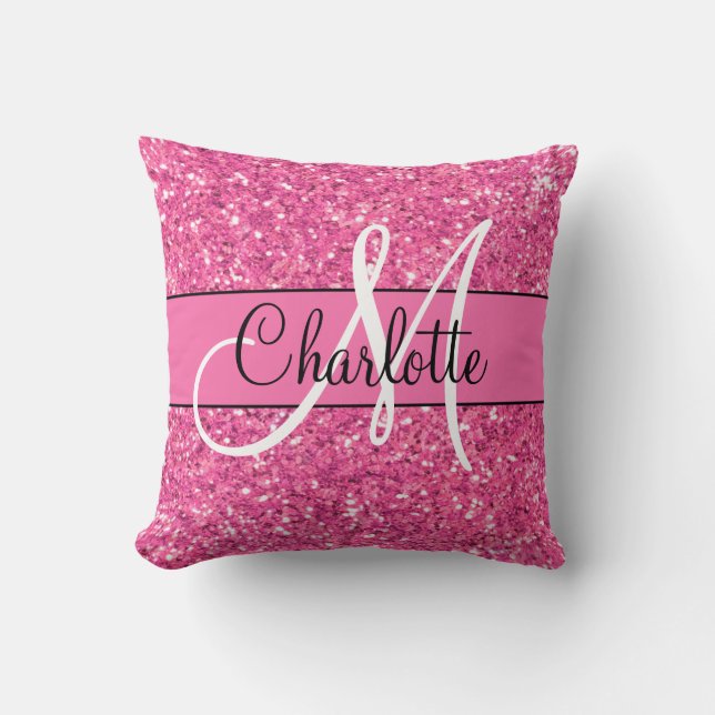 Rosa mousserande glitter monogrammet kudde (Framsida)