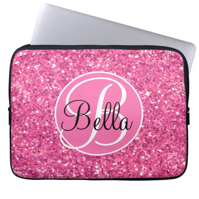 Rosa mousserande glitter mönster monogrammet laptop fodral (Framsidan)