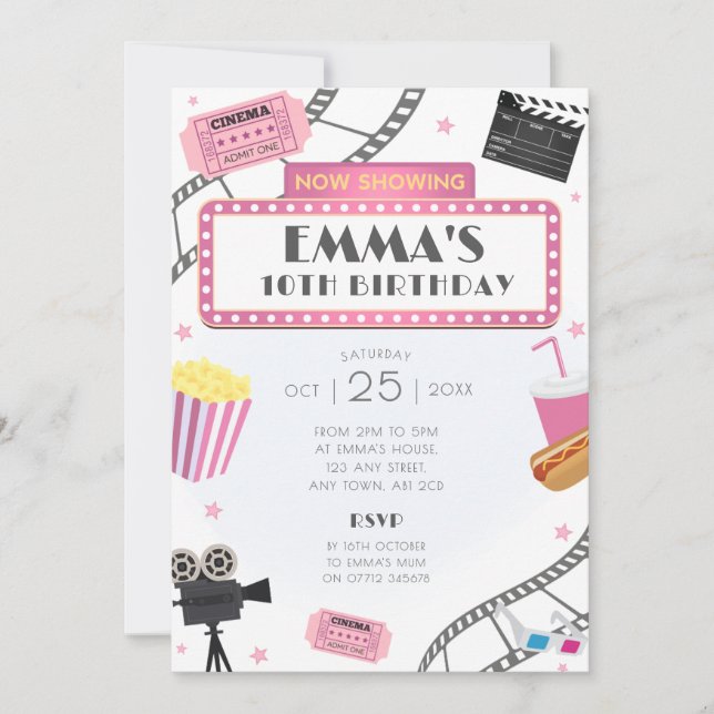 Rosa Movie Night Födelsedagsfest inbjudan Cinema (Framsida)