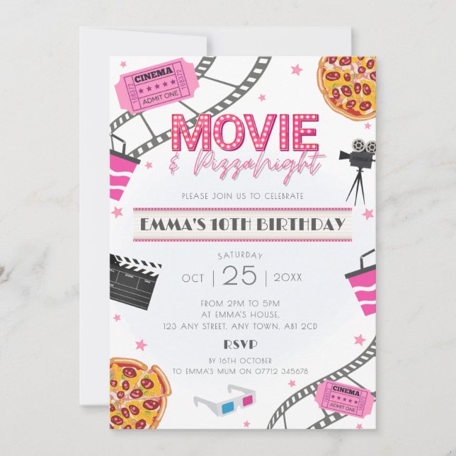 Rosa Movie & Pizza Night Födelsedagsfest inbjudan (Framsida)