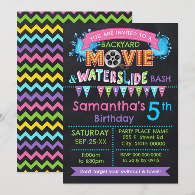 Rosa Movie & Waterglide Barns födelsedag sommaren  Inbjudningar (Fram/baksida)