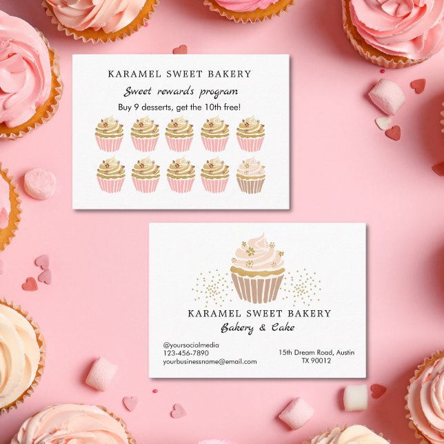Rosa Muffins Bakery Program Reward Loyalty Card Visitkort (Blush Pink Gold Cupcakes Reward Program Loyalty card)