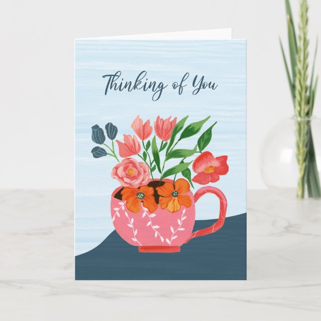 Rosa Mugg med blommor tänker på ditt kort (Framsida)