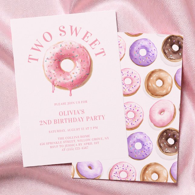 Rosa munkar flickor två söta 2-års födelsedagsfest inbjudningar (Pink Donuts Girls Two Sweet 2nd Birthday Party Invitation)