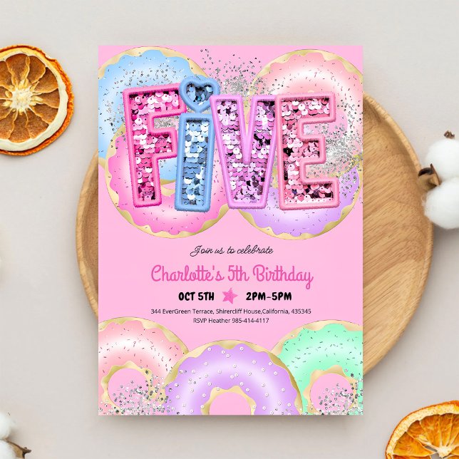 Rosa munksequinsglitter 5-årsfest inbjudningar (Skapare uppladdad)